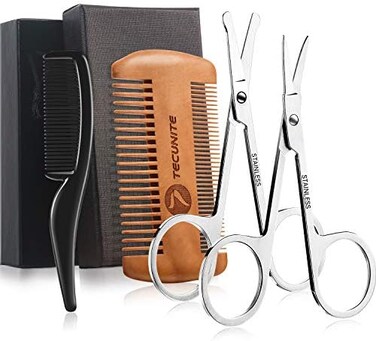 Tecunite 4 Pieces Beard T Scissors Set, Grooming Scissors For Men And Mustache Beard Comb Beard Grooming Trim Scissor Kit With Storage Bag (Style 2)