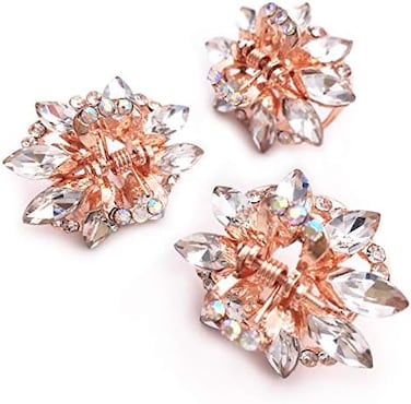 Set Of 3 Small Rose Gold Tone Metal Rhinestone Crystal Hair Clips For Women Girls