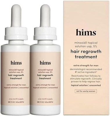 محلول مينوكسيديل الموضعي من هيمز، 5% - علاج قوي لنمو الشعر للرجال - ثبت سريريًا أنه يقلل من تساقط الشعر خلال 3-6 أشهر - غير معطر - عبوتين، كمية تكفي لمدة شهرين
