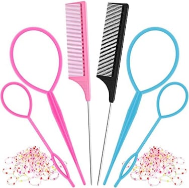 6Pcs Hair Loop Tool Set With 4 Hair Tail Tools French Braid Tool Loop 2 Metal Pin Rat Tail Comb For Hair Styling, 100 Colored Children Rubber Bands.