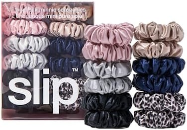 Slip Silk Pure Silk Minnie Scrunchies - Classic - 100% Pure 22 Momme Mulberry Silk Scrunchies For Women - Hair-Friendly Scrunchies Set In Pink, Caramel, Silver, Navy, Leopard &amp; Black (12 Scrunchies)