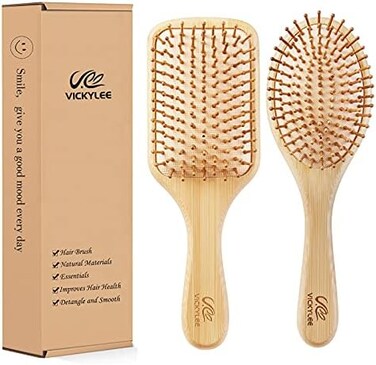 2Pcs Large Natural Wooden Bamboo Hair Combs Set (Rectangle+Oval) Bamboo Bristle Detangling Hairbrush For Women, Men And Kids Reduce Frizz, Massage Scalp For Straight Curly Wavy Dry Wet