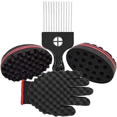 4Pack Hair Sponge Set - Magic Hair Twist Sponge Brush For Hair Include 1 Metal Hair Pick &amp; Curl Sponge Glove(Right) Hair Sponges For Black Men Curls Twist Curl Dreads Locking Afros Coils