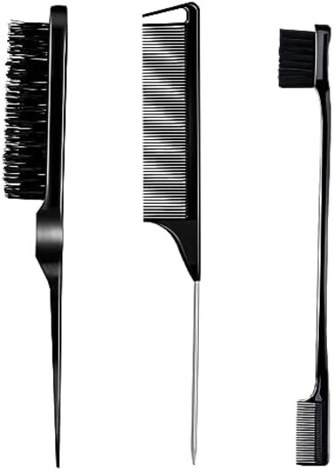 3 Pieces Hair Styling Comb Set Teasing Hair Brush Rat Tail Comb Edge Brush For Edge&amp;Back Brushing, Combing, Slicking Hair For Women (Black)