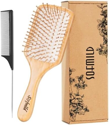 Hair Brush-Natural Wooden Bamboo Brush + Free Detangle Tail Comb Instead Of Brush Cleaner Tool, Eco-Friendly Paddle Hairbrush For Women Men And Kids Make Thin Long Curly Hair Health And Massage Scalp