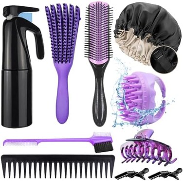 10Pcs Detangling Brush For Black Natural Hair, Curly Hair Brush Set With Sleep Bonnet For Afro America/African Hair 3A To 4C Texture, Detangling Brush Set Easier And Faster Detangling On Wash Days