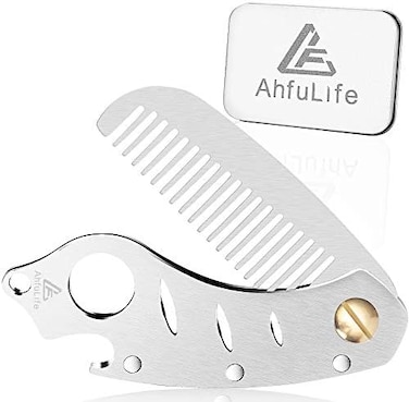 Ahfulife Metal Folding Beard Comb For Men, Moustache Pocket Foldable Comb With Bottle Opener Fits In Keychain, Stainless Steel Hair Beard Mustache Care Comb - Presented In Gift Box