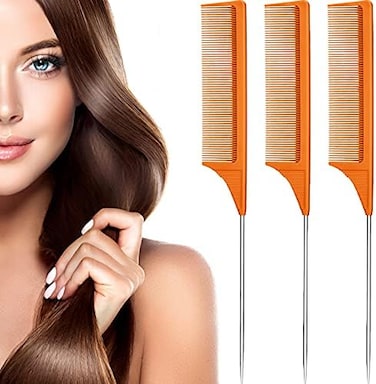 Leinuosen 3 Packs Rat Tail Comb Steel Pin Rat Tail Carbon Fiber Heat Resistant Teasing Combs With Stainless Steel Pintail (Orange)