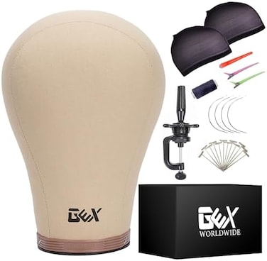 رأس عارضة أزياء شعر مستعار من قماش الفلين من Gexworldwide لتصنيع الشعر المستعار وعرض تصفيف الشعر مع حامل مشبك حامل للطاولة C ومقبض شعر مستعار Gex (مجموعة بني فاتح 23 بوصة)
