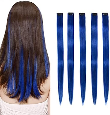 5 Pcs Blue Hair Extensions 18 Inches Colored Christmas Party Highlights Straight Hair Clip In Human Hair Extensions In Multiple Colors