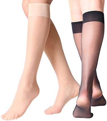 12 Pairs Lady's Sheer Knee High Stockings Sheer Socks (6 Pairs Black, 6 Pairs Natural)