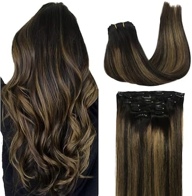 وصلات شعر بمشبك شعر بشري حقيقي، 20 بوصة 120 جم 7 قطع، #1B/6/1B Balayage أسود طبيعي إلى بني كستنائي، وصلات شعر بشري ريمي بمشبك للنساء، شعر بشري طبيعي