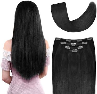 Winsky 14" Clip In Hair Extensions Real Human Hair For Women - Silky Straight Jet Black Human Hair Clip In Extensions 50Grams 4Pieces #1 Color