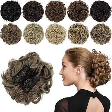 Rose Bud Chignon Hairpiece Curly Bun Extensions Scrunchie Updo Synthetic Combs In Messy Bun Hair Piece For Women Light Brown &amp; Ash Blonde Mixed