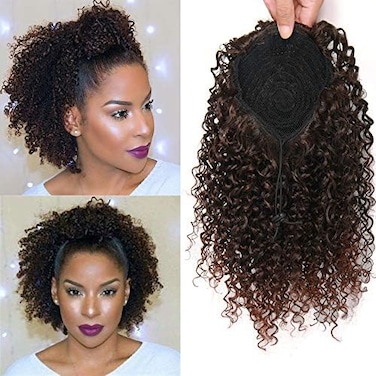 Short Afro Kinky Curly Ponytail Hair Piece For African American Ponytail Extension Synthetic Afro Kinky Curly Ponytail For Women (Mix Dark Brown(1B/33))