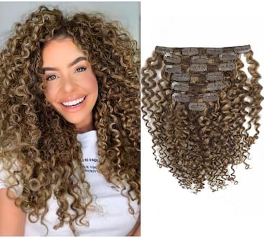Clip In Human Hair Extensions Afro Jerry Curly 3B 3C Real Hair Clip In Extensions For Black Women Natural Black Color 100% Brazilian African American Hair Extensions (20 Inch, Jerry Curly #P4/27)