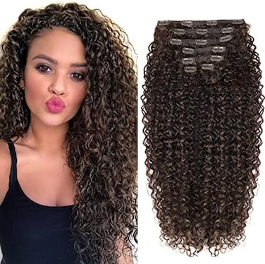 26 Inch Kinky Curly Clip In Hair Extension, 140G Double Weft Full Head Heat Resistance Synthetic Hair Extension For Women 7Pieces (#Mp4-27-30)