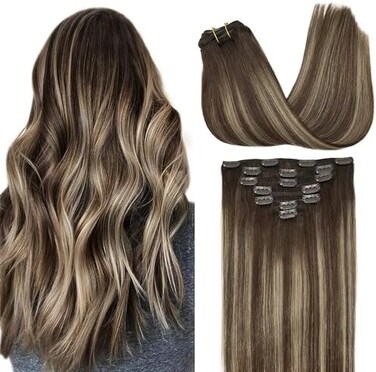 Clip In Hair Extensions Real Human Hair, 20Inch 120G 7Pcs, #4/26/4 Balayage Chocolate Brown To Honey Blonde, Remy Human Hair Extensions Clip Ins For Women, Natural Human Hair