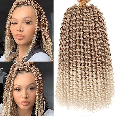 7 Packs 12 Inch Passion Twist Hair Ombre Blonde Water Wave Crochet Braids For Passion Twist Crochet Braiding Hair Short Bob Distressed Butterfly Locs Hair Extensions T27/613#