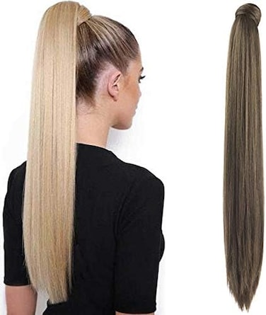 Seikea 28 Inch Clip In Ponytail Extension Wrap Around Long Straight Pony Tail Hair Synthetic Hairpiece For Women Color Medium Brown With Golden Brown Highlights)