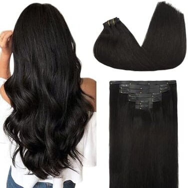 وصلات شعر بمشبك، شعر بشري حقيقي، 20 بوصة 150 جرام، 7 قطع، 1B أسود طبيعي، وصلات شعر بشري ريمي بمشبك للنساء، شعر بشري طبيعي