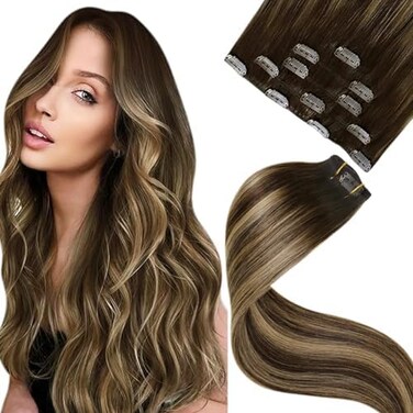 Human Hair Clip In Extensions Brown To Caramel Blonde Balayage Clip In Hair Extensions Human Hair Brown Balayage Hair Extensions Real Human Hair Clip Ins For Short Hair 12 Inch 70G/5Pcs