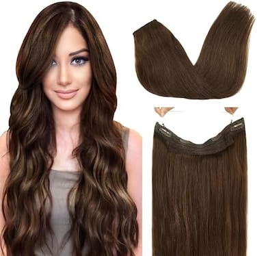 Human Hair Extensions Halo Hair Chocolate Brown Straight Real Halo Hair Extensions Flip In Natural Hair 80G 18 Inch Hidden Crown Wire Hair Extensions With Transparent Fish Line Invisible