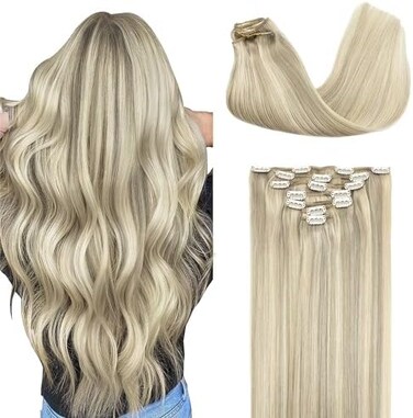 Clip In Hair Extensions Real Human Hair, 16Inch 120G 7Pcs, #17A/60A Ash Blonde Highlighted Platinum Blonde, Remy Human Hair Extensions Clip Ins For Women, Natural Human Hair