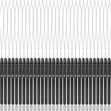 30 Pieces Hair Extension Loop Needle Threader Wire Pulling Hook Tool And Bead Device Tool Plastic Hair Extension Loop Needle For Hair Or Feather Extensions Supplies, Diy Hook Tool Loop Tools, Black