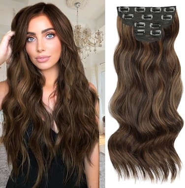 Vigorous Clip In Hair Extensions Black&amp;Dark Mix Light Brown Hair Extensions Clip Ins 4Pcs Thick Synthetic Wavy Hair For Women