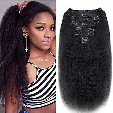 Kinky Straight Clip In Hair Extensions Real Human Hair For Black Women 46Cm Virgin Hair Clip In Full Head Unprocessed Remy Yaki Straight Clip Ins 8P (46Cm, Natural Black Kinky Straight)