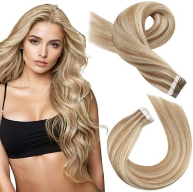 Moresoo 22 Inch Tape Hair Extensions Human Hair Remy Straight Hair 20Pcs 50G Color #6 Medium Brown Mixed With #60 Platinum Blonde Seamless Real Remy Hair Extensions