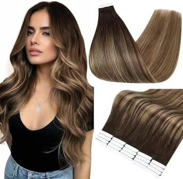 شريط لامع بالكامل في وصلات الشعر بطول 22 بوصة، وصلات شعر بشري بشريط Balayage Ins، اللون 2 يتلاشى إلى 3 بني داكن و27 أشقر 50 جرام 20 قطعة وصلات شعر ناعمة شعر بشري للنساء