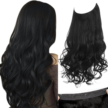 Sarla (36Cm, Jet Black) - Black Hair Extension Short Wavy Curl Halo Wire Sercet Crown Synthetic Natural Hairpieces No Clip No Glue No Tape Heat Resistant Fibre 36Cm 110ml M04 &amp; 1B