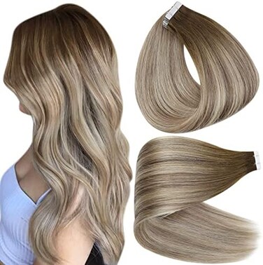Full Shine 18" Real Hair Tape In Extensions Color #3 Fading To #8 Highlighted #22 Medium Blonde 20 Pieces Per Pack Balayage Seamless Tape Hair Extensions Remy Human Hair 50 Grams Per Pack