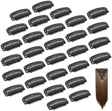 Dreamlover 30 Pack Black Stainless Steel Wig Clips, 6-Teeth Snap Combs Clips With Rubber For Hair Extension