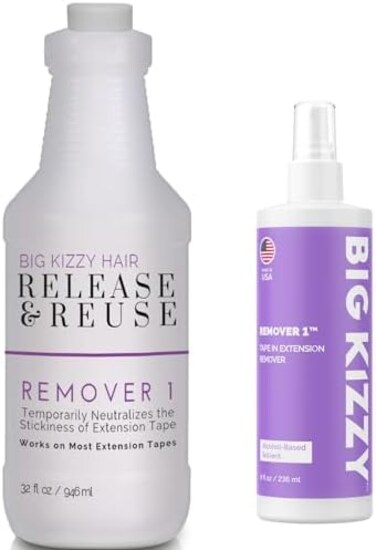 Big Kizzy Remover 1, Release &amp; Reuse, 32Oz Salon Size + Free 8Oz, Tape In Hair Extension Remover, Tested &amp; Proven Fastest &amp; Easiest Adhesive Remover, Professional Quality