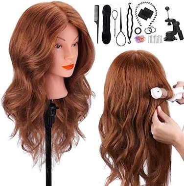 رأس عارضة أزياء من توب دايركت بشعر بشري 100%، رأس عارضة أزياء للشعر بني داكن مقاس 45.72 سم، رأس عارضة أزياء لتصفيف الشعر وتصفيف الشعر والتدريب على رأس الدمية مع حامل المشبك والأدوات