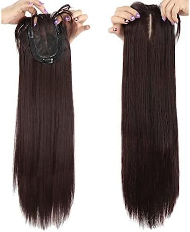 50Cm Long Seamless Nature Look Clip In Hairpiece With Side-Fringe Extension Forehead Topper For Women With Thinning Hair Straight Dark Reddish Brown