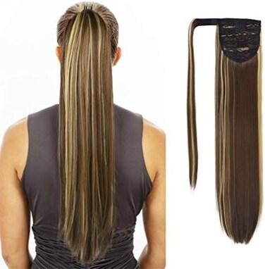 Seikea Clip In Ponytail Extension Wrap Around Long Straight Hair Extension 28 Inch Synthetic Hairpiece - Brown/Blonde Mix