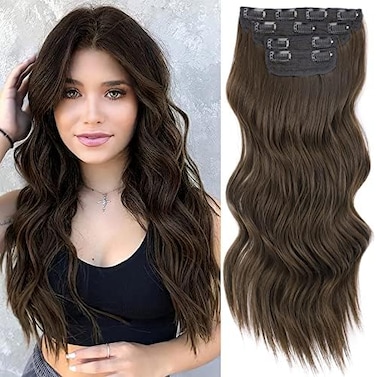 Vigorous Clip In Hair Extensions 20 Inch Chocolate Brown Hair Extensions For Women Natural Wavy Extensions Synthetic Full Head