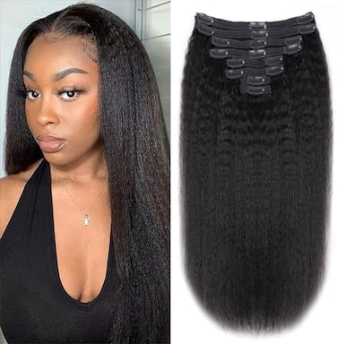 وصلات شعر بمشبك مستقيم في وصلات شعر بشري حقيقي برأس كامل للنساء السود، شعر بشري ريمي ياكي برازيلي لون أسود طبيعي 8 قطع 18 مشبك 120 جرام (16 بوصة، مستقيم)