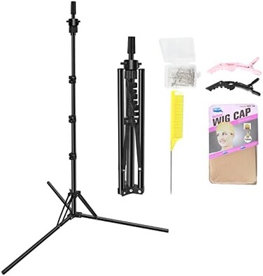 حامل رأس عارضة أزياء Lnasi، حامل ثلاثي القوائم قابل للطي لشعر مستعار للتدريب على تصفيف الشعر، حامل رأس شعر مستعار معدني قابل للتعديل مع قبعات شعر مستعار، دبابيس على شكل حرف T، مشط، مشابك شعر