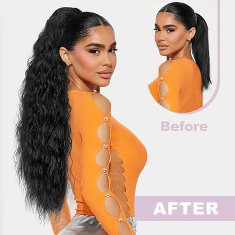 26 Inch Long Black Drawstring Ponytail Extension For Women Synthetic Long Curly Wavy Clip In Ponytail Hair Extensions For Daily Party Use (26 Inch, Black)