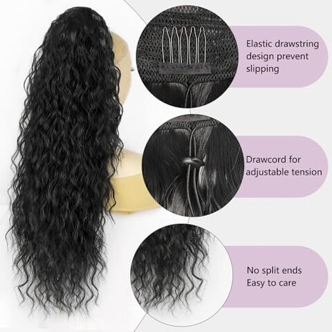 26 Inch Long Black Drawstring Ponytail Extension For Women Synthetic Long Curly Wavy Clip In Ponytail Hair Extensions For Daily Party Use (26 Inch, Black)