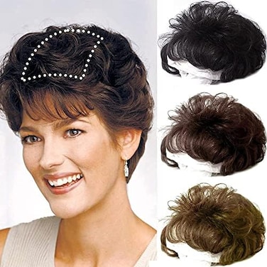 شعر بشري حقيقي مجعد قصير مع غرة أمامية للنساء، قطع شعر مستعار قابلة للتنفس 5.1X5.5 تغطية كبيرة للنساء، مشبك في الجزء العلوي من قطع الشعر المموج (10"، بني داكن)