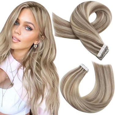 Moresoo Tape In Hair Extensions Blonde Highlights Extensions Remy Human Hair 22 Inch 20Pcs 50G Color Light Brown #9A Highlighted With #60 Platinum Blonde Adhesive Tape Straight Natural Silky Soft Hair
