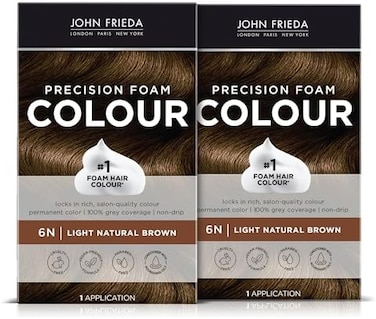John Frieda Precision Foam Colour, Light Natural Brown 6N, Full-Coverage Hair Color Kit, Anti-Fade Gray Coverage, Deep Color Saturation Hair Dye, Pack Of 2