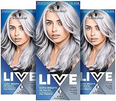 Schwarzkopf Live Ultra Bright Or Pastel Grey Hair Dye, Pack Of 3, Semi-Permanent Colour Lasts Up To 15 Washes - 098 Silver Steel