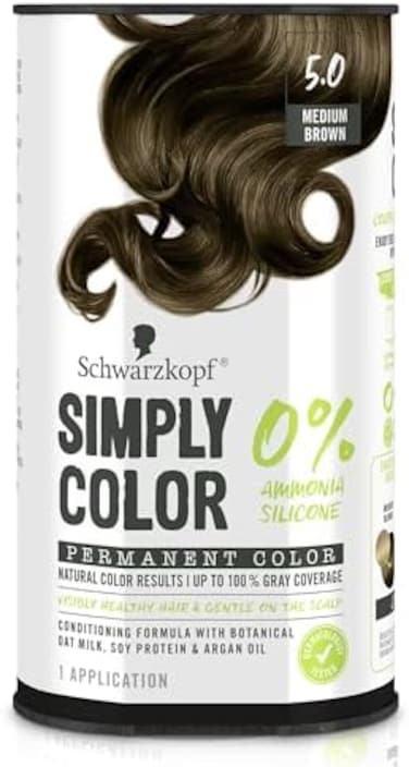 Schwarzkopf Simply Color Hair Color 5.0 Medium Brown, 1 Application - Permanent Hair Dye For Healthy Looking Hair Without Ammonia Or Silicone, Dermatologist Tested, No Ppd &amp; Ptd
